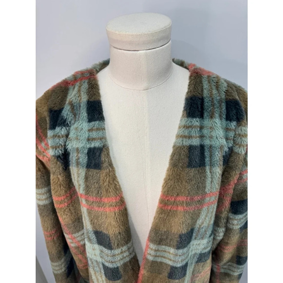 Cato Women's XLarge Faux Fur Blue Brown Pink Plaid Overcoat Barbie Academia - Picture 3 of 13